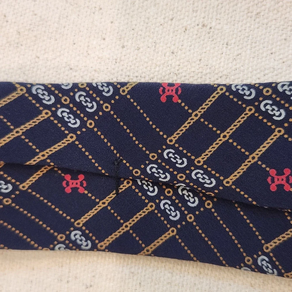 Vintage Celine Paris Silk Tie Navy Blue with Gold Chain & Sulky Horse Emblem